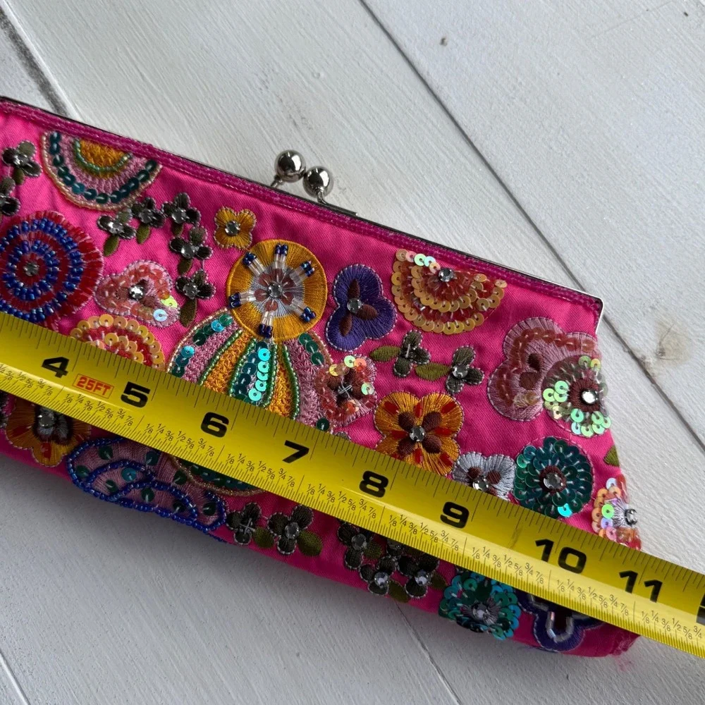 Hot Pink Embroidered Sequin Beaded Floral Clutch Evening Bag